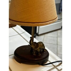 Vintage Brass Elephant Table Lamp with Tan Drum Shade Accent Light